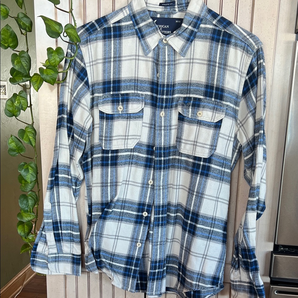 American Eagle Outfitters Men's White and Blue Checkered Shirt